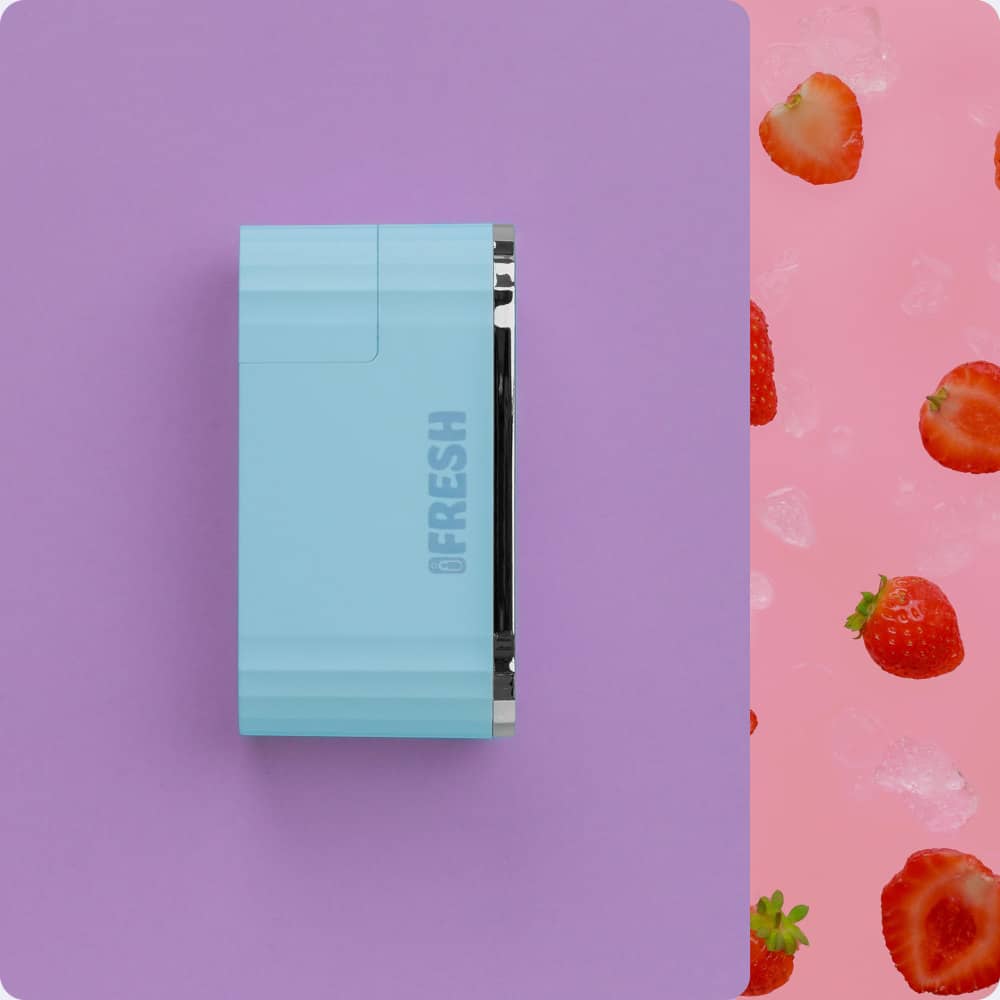 iFresh device in sky blue with 2 FreshFill strawberry refills